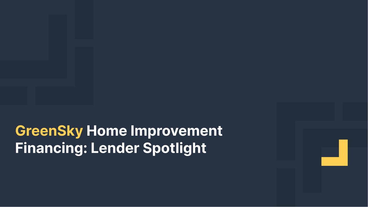 GreenSky Home Improvement Financing lender spotlight title slide with dark blue background and geometric design elements